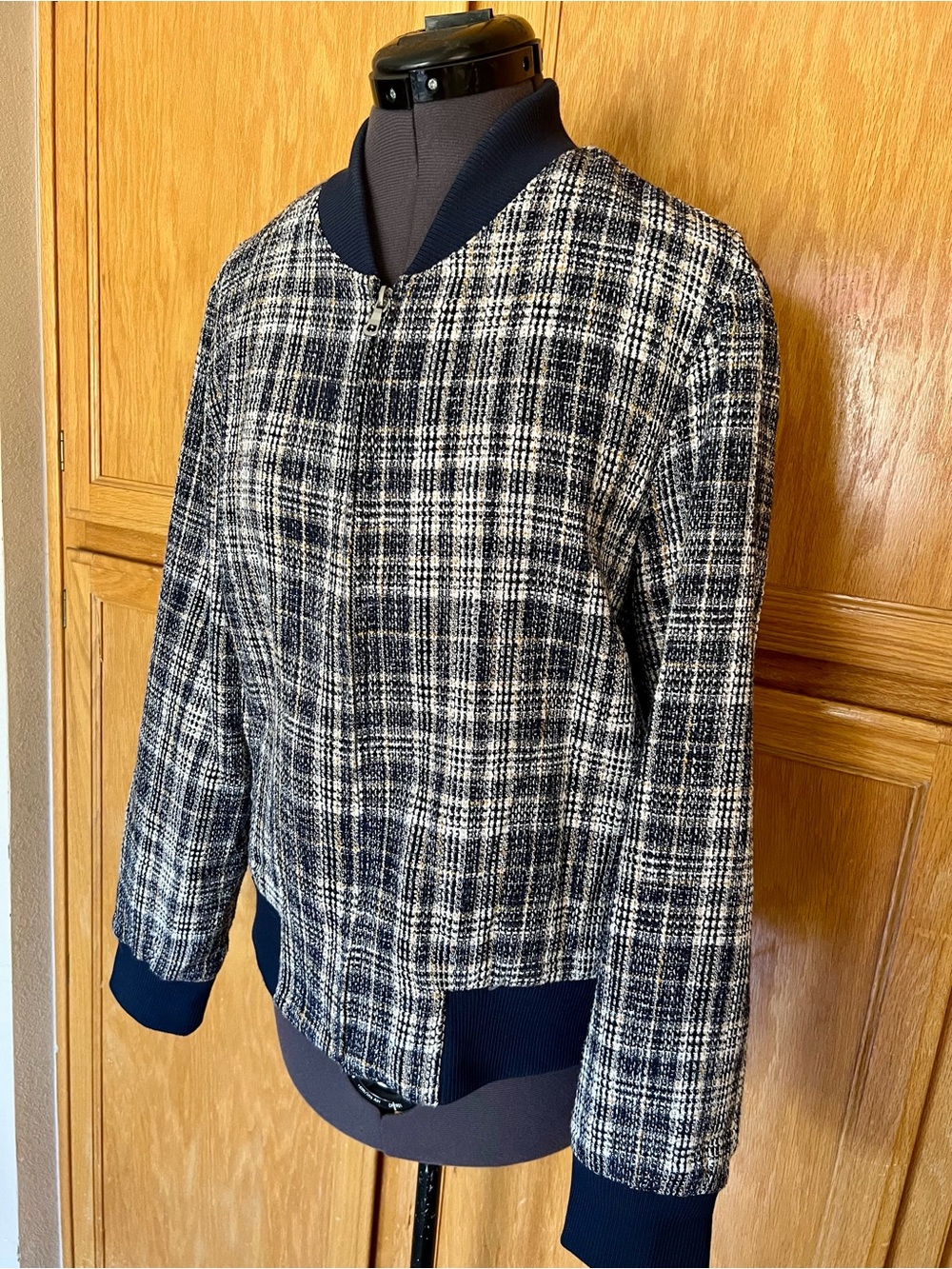 WD.NY Navy and White Plaid Bomber Jacket - Picture 3 of 8